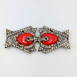 Stunning Art Deco Rhinestones & Red Lucite/Plastic Faceted Elements Belt Buckle